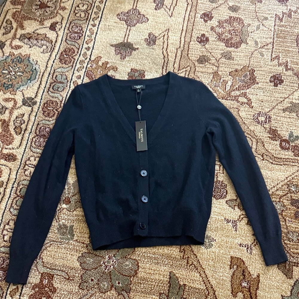 Talbots black lambs wool blend button front cardigan P